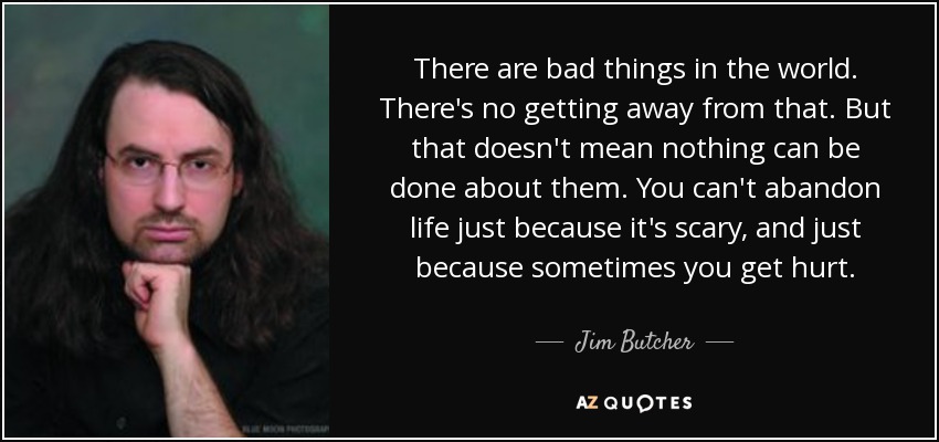 There are bad things in the world. There's no getting away from that. But that doesn't mean nothing can be done about them. You can't abandon life just because it's scary, and just because sometimes you get hurt. - Jim Butcher