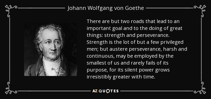 There are but two roads that lead to an important goal and to the doing of great things: strength and perseverance. Strength is the lot of but a few privileged men; but austere perseverance, harsh and continuous, may be employed by the smallest of us and rarely fails of its purpose, for its silent power grows irresistibly greater with time. - Johann Wolfgang von Goethe