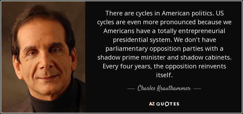 There are cycles in American politics. US cycles are even more pronounced because we Americans have a totally entrepreneurial presidential system. We don't have parliamentary opposition parties with a shadow prime minister and shadow cabinets. Every four years, the opposition reinvents itself. - Charles Krauthammer