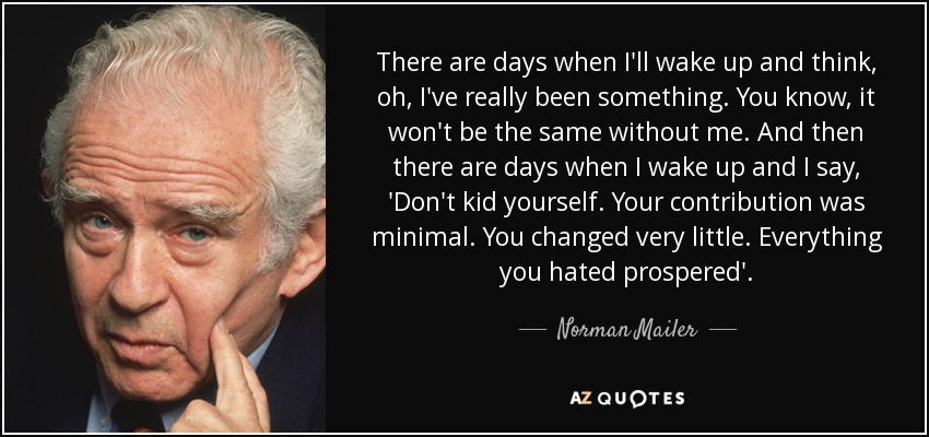 There are days when I'll wake up and think, oh, I've really been something. You know, it won't be the same without me. And then there are days when I wake up and I say, 'Don't kid yourself. Your contribution was minimal. You changed very little. Everything you hated prospered'. - Norman Mailer