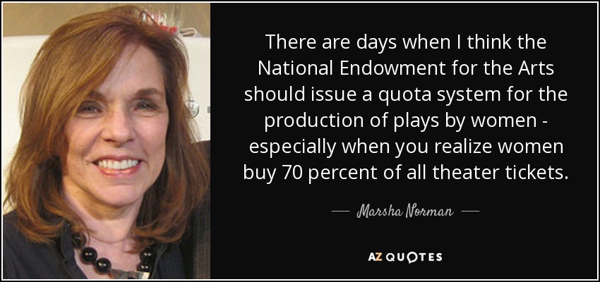 There are days when I think the National Endowment for the Arts should issue a quota system for the production of plays by women - especially when you realize women buy 70 percent of all theater tickets. - Marsha Norman