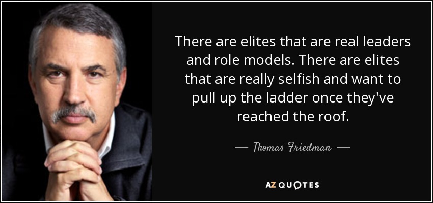 There are elites that are real leaders and role models. There are elites that are really selfish and want to pull up the ladder once they've reached the roof. - Thomas Friedman
