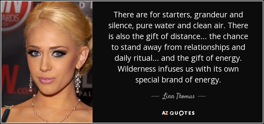 There are for starters, grandeur and silence, pure water and clean air. There is also the gift of distance ... the chance to stand away from relationships and daily ritual ... and the gift of energy. Wilderness infuses us with its own special brand of energy. - Linn Thomas