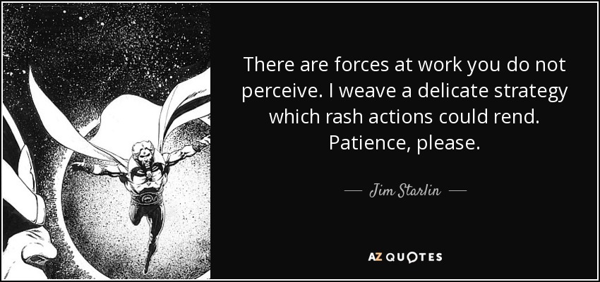 There are forces at work you do not perceive. I weave a delicate strategy which rash actions could rend. Patience , please. - Jim Starlin