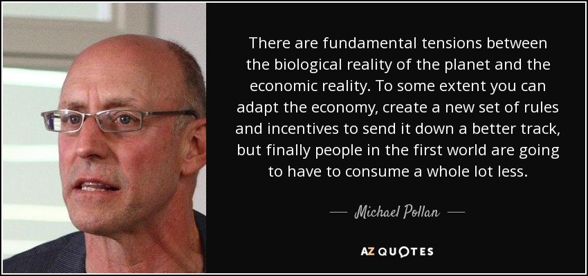 There are fundamental tensions between the biological reality of the planet and the economic reality. To some extent you can adapt the economy, create a new set of rules and incentives to send it down a better track, but finally people in the first world are going to have to consume a whole lot less. - Michael Pollan