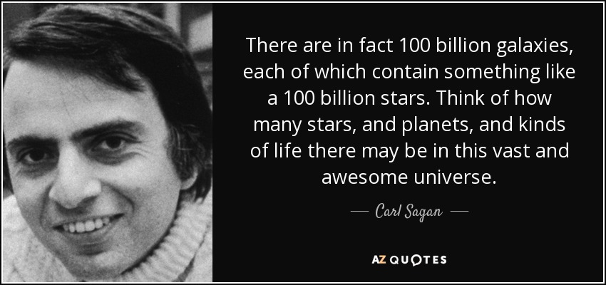 There are in fact 100 billion galaxies, each of which contain something like a 100 billion stars. Think of how many stars, and planets, and kinds of life there may be in this vast and awesome universe. - Carl Sagan