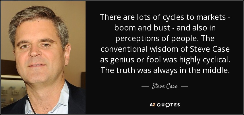 There are lots of cycles to markets - boom and bust - and also in perceptions of people. The conventional wisdom of Steve Case as genius or fool was highly cyclical. The truth was always in the middle. - Steve Case