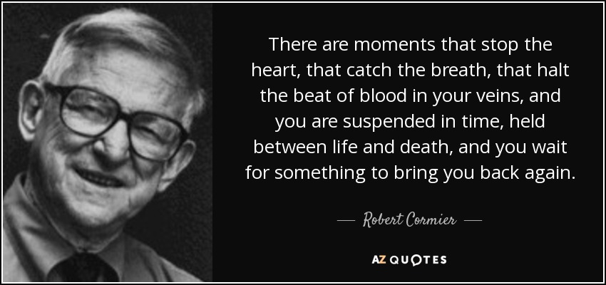 There are moments that stop the heart, that catch the breath, that halt the beat of blood in your veins, and you are suspended in time, held between life and death, and you wait for something to bring you back again. - Robert Cormier
