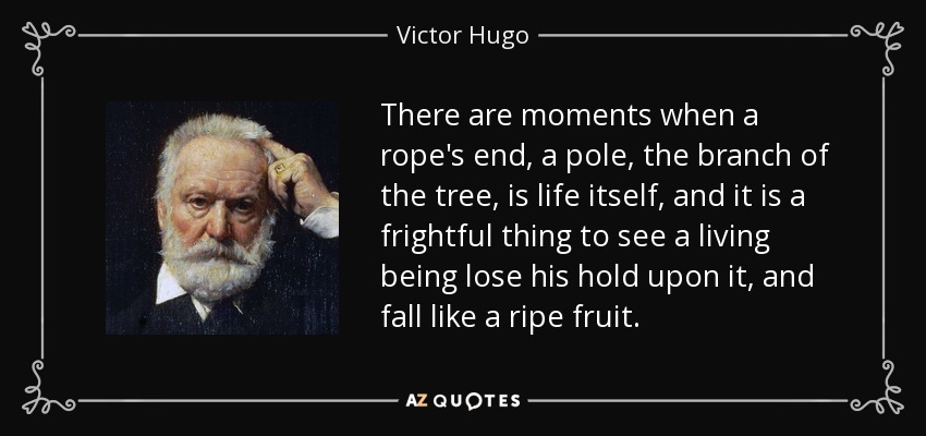 There are moments when a rope's end, a pole, the branch of the tree, is life itself, and it is a frightful thing to see a living being lose his hold upon it, and fall like a ripe fruit. - Victor Hugo