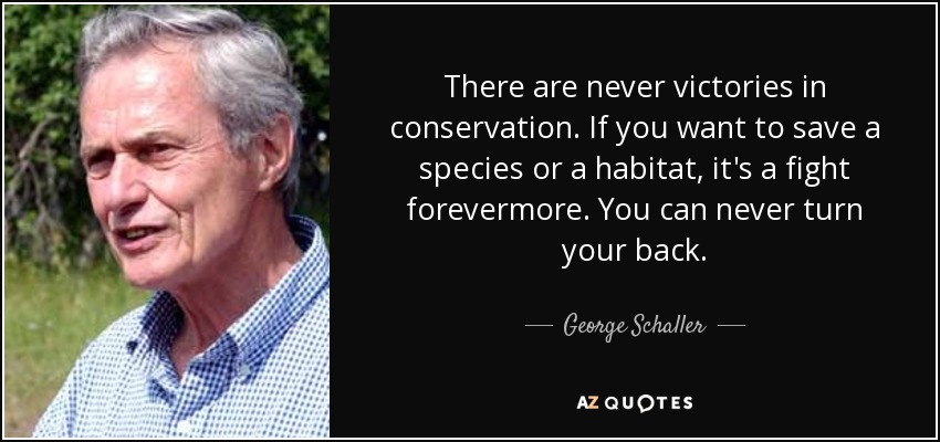 There are never victories in conservation. If you want to save a species or a habitat, it's a fight forevermore. You can never turn your back. - George Schaller