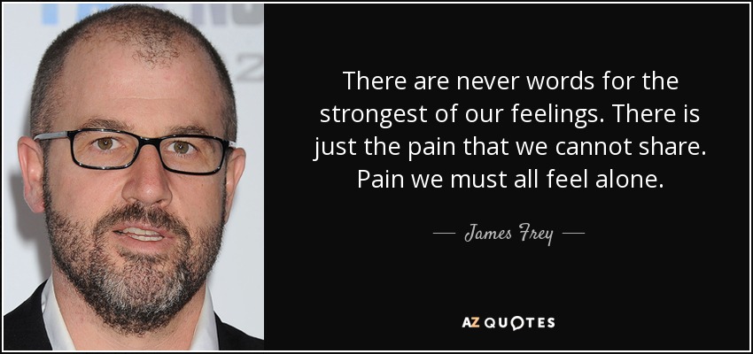 There are never words for the strongest of our feelings. There is just the pain that we cannot share. Pain we must all feel alone. - James Frey