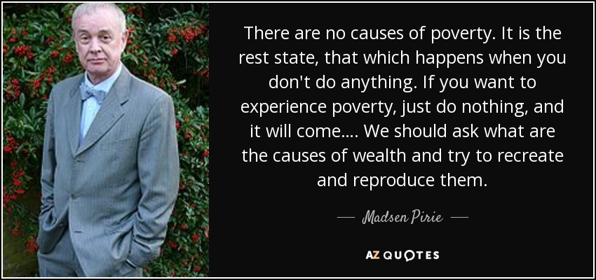 There are no causes of poverty. It is the rest state, that which happens when you don't do anything. If you want to experience poverty, just do nothing, and it will come…. We should ask what are the causes of wealth and try to recreate and reproduce them. - Madsen Pirie