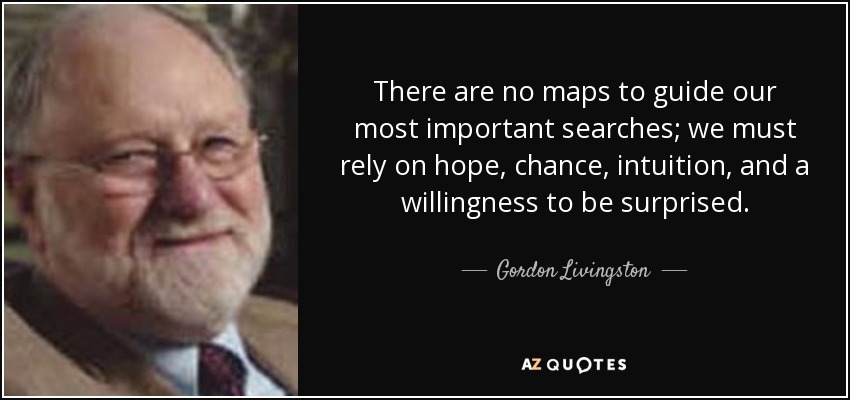 There are no maps to guide our most important searches; we must rely on hope, chance, intuition, and a willingness to be surprised. - Gordon Livingston