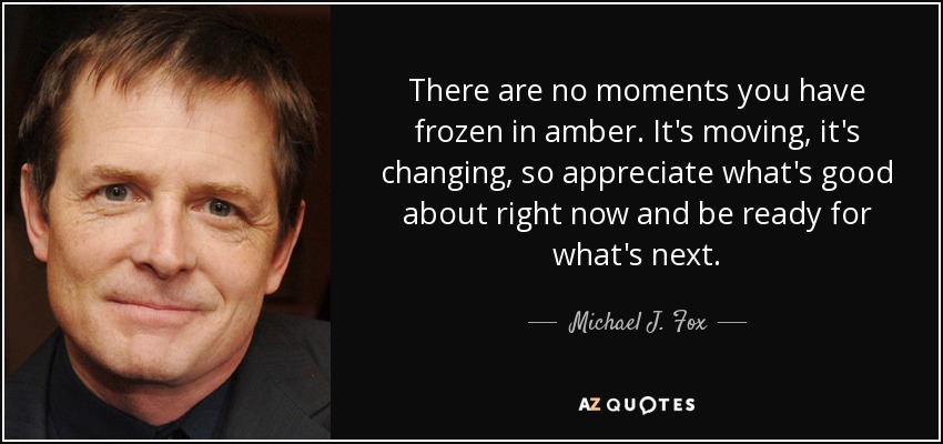 There are no moments you have frozen in amber. It's moving, it's changing, so appreciate what's good about right now and be ready for what's next. - Michael J. Fox