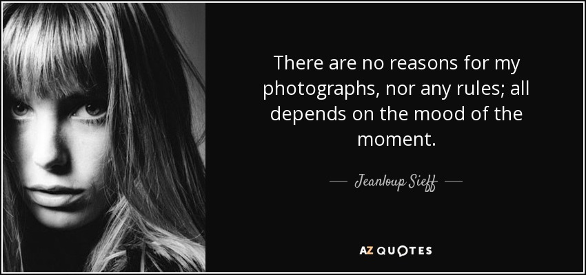 There are no reasons for my photographs, nor any rules; all depends on the mood of the moment. - Jeanloup Sieff