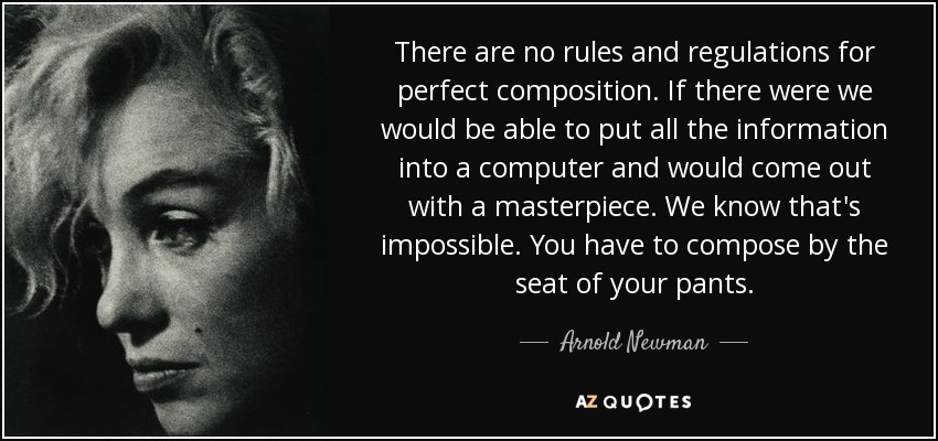 There are no rules and regulations for perfect composition. If there were we would be able to put all the information into a computer and would come out with a masterpiece. We know that's impossible. You have to compose by the seat of your pants. - Arnold Newman