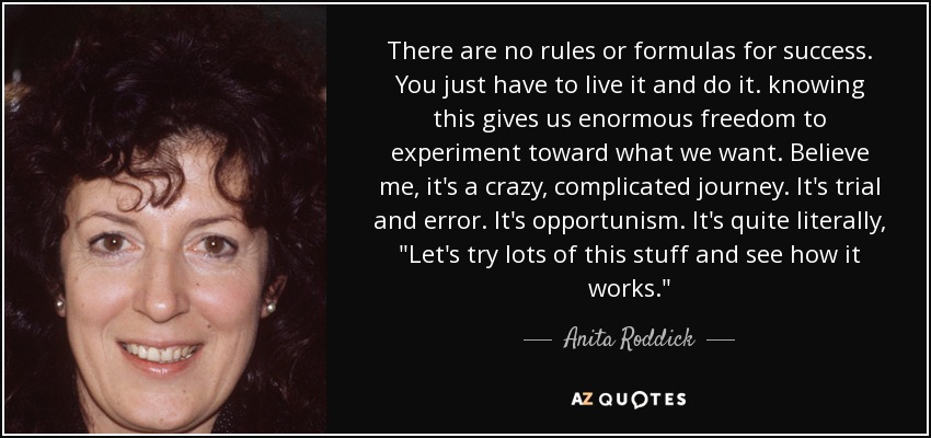 There are no rules or formulas for success. You just have to live it and do it. knowing this gives us enormous freedom to experiment toward what we want. Believe me, it's a crazy, complicated journey. It's trial and error. It's opportunism. It's quite literally, 