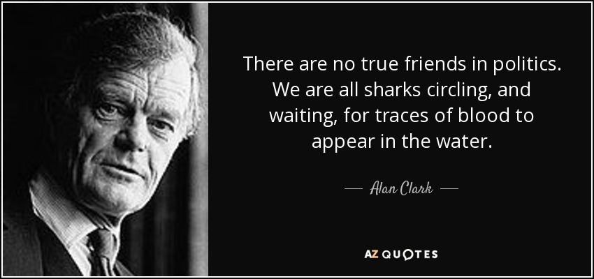 There are no true friends in politics. We are all sharks circling, and waiting, for traces of blood to appear in the water. - Alan Clark