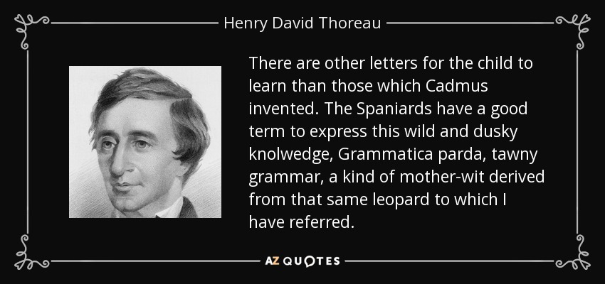There are other letters for the child to learn than those which Cadmus invented. The Spaniards have a good term to express this wild and dusky knolwedge, Grammatica parda, tawny grammar, a kind of mother-wit derived from that same leopard to which I have referred. - Henry David Thoreau