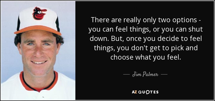 There are really only two options - you can feel things, or you can shut down. But, once you decide to feel things, you don't get to pick and choose what you feel. - Jim Palmer