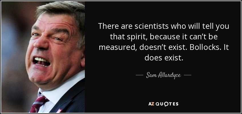 There are scientists who will tell you that spirit, because it can’t be measured, doesn’t exist. Bollocks. It does exist. - Sam Allardyce