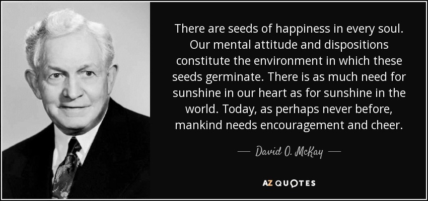 There are seeds of happiness in every soul. Our mental attitude and dispositions constitute the environment in which these seeds germinate. There is as much need for sunshine in our heart as for sunshine in the world. Today, as perhaps never before, mankind needs encouragement and cheer. - David O. McKay