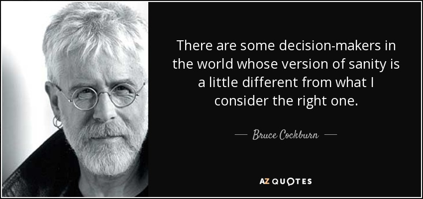 There are some decision-makers in the world whose version of sanity is a little different from what I consider the right one. - Bruce Cockburn