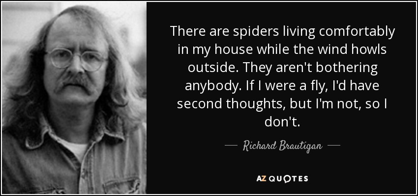 There are spiders living comfortably in my house while the wind howls outside. They aren't bothering anybody. If I were a fly, I'd have second thoughts, but I'm not, so I don't. - Richard Brautigan