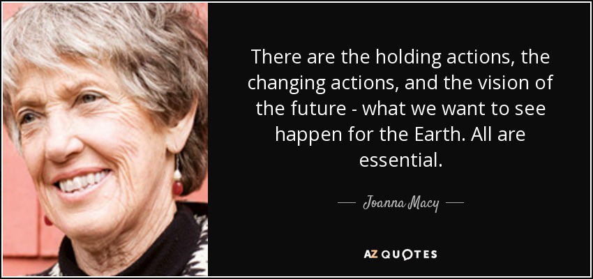 There are the holding actions, the changing actions, and the vision of the future - what we want to see happen for the Earth. All are essential. - Joanna Macy