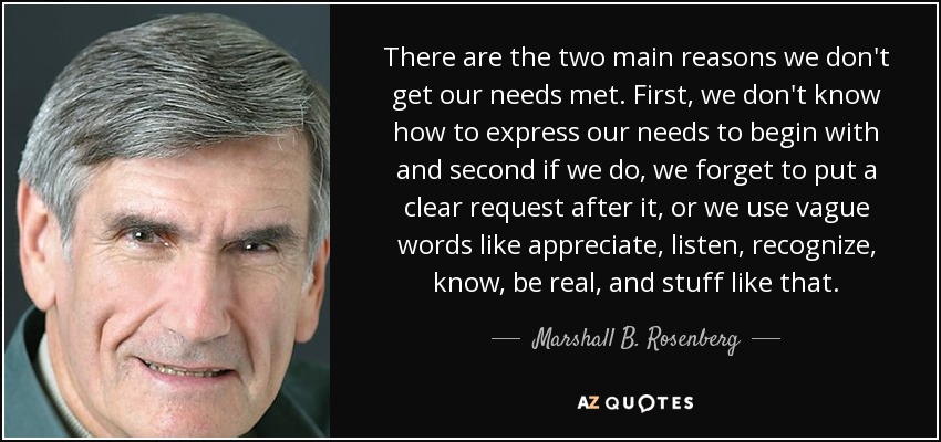 There are the two main reasons we don't get our needs met. First, we don't know how to express our needs to begin with and second if we do, we forget to put a clear request after it, or we use vague words like appreciate, listen, recognize, know, be real, and stuff like that. - Marshall B. Rosenberg