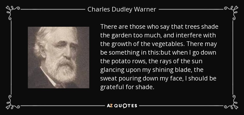 There are those who say that trees shade the garden too much, and interfere with the growth of the vegetables. There may be something in this:but when I go down the potato rows, the rays of the sun glancing upon my shining blade, the sweat pouring down my face, I should be grateful for shade. - Charles Dudley Warner