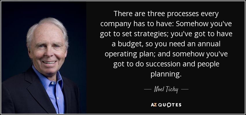 There are three processes every company has to have: Somehow you've got to set strategies; you've got to have a budget, so you need an annual operating plan; and somehow you've got to do succession and people planning. - Noel Tichy