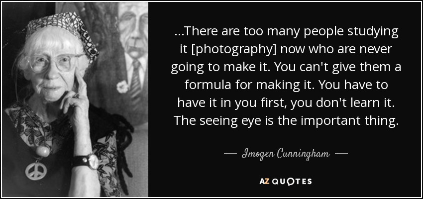 ...There are too many people studying it [photography] now who are never going to make it. You can't give them a formula for making it. You have to have it in you first, you don't learn it. The seeing eye is the important thing. - Imogen Cunningham