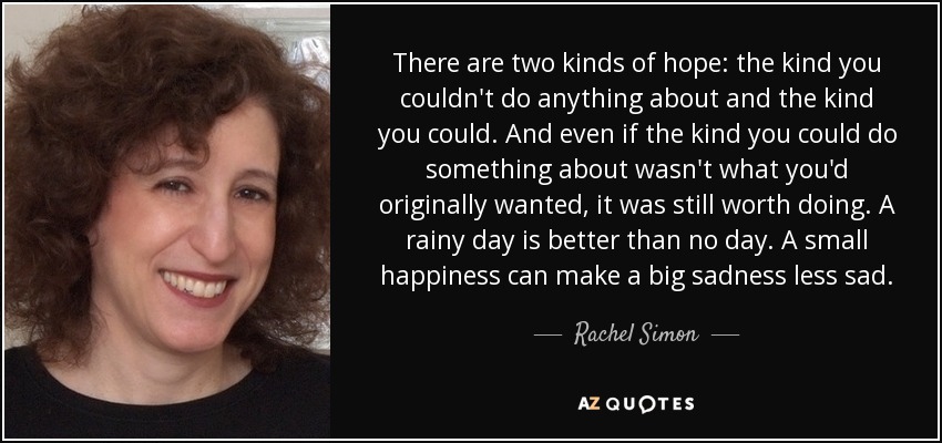 There are two kinds of hope: the kind you couldn't do anything about and the kind you could. And even if the kind you could do something about wasn't what you'd originally wanted, it was still worth doing. A rainy day is better than no day. A small happiness can make a big sadness less sad. - Rachel Simon