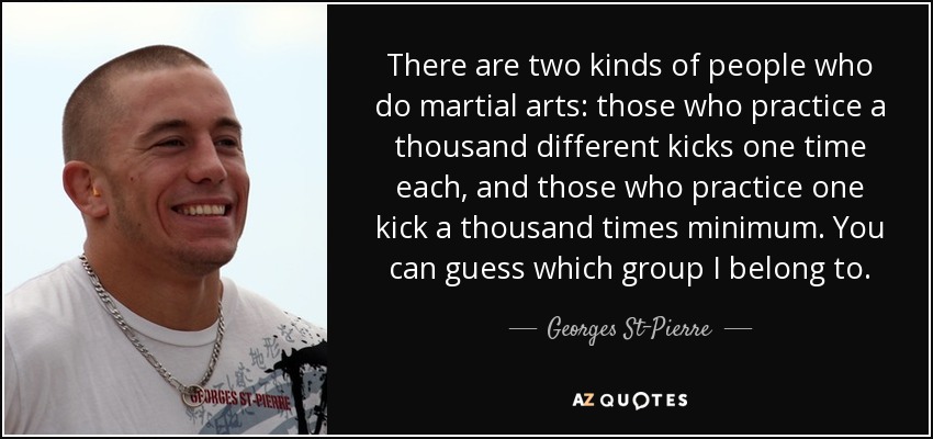 There are two kinds of people who do martial arts: those who practice a thousand different kicks one time each, and those who practice one kick a thousand times minimum. You can guess which group I belong to. - Georges St-Pierre