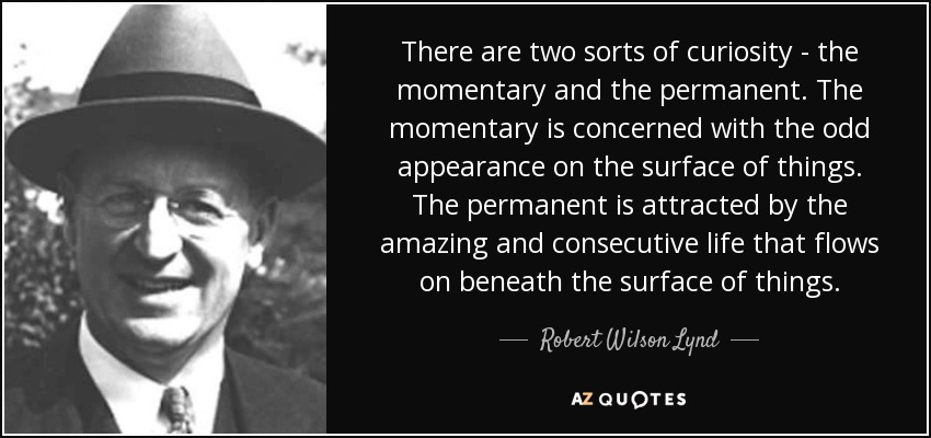 There are two sorts of curiosity - the momentary and the permanent. The momentary is concerned with the odd appearance on the surface of things. The permanent is attracted by the amazing and consecutive life that flows on beneath the surface of things. - Robert Wilson Lynd