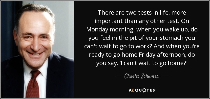 There are two tests in life, more important than any other test. On Monday morning, when you wake up, do you feel in the pit of your stomach you can't wait to go to work? And when you're ready to go home Friday afternoon, do you say, 'I can't wait to go home?' - Charles Schumer