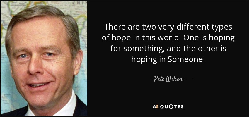 There are two very different types of hope in this world. One is hoping for something, and the other is hoping in Someone. - Pete Wilson