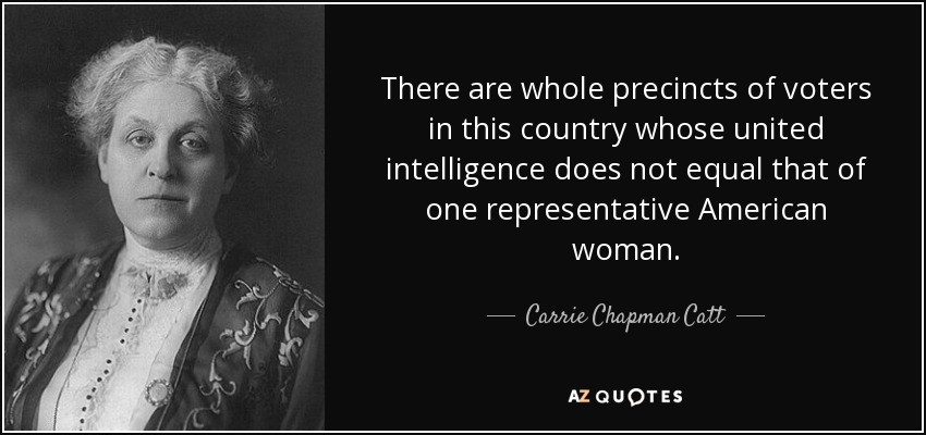 There are whole precincts of voters in this country whose united intelligence does not equal that of one representative American woman. - Carrie Chapman Catt