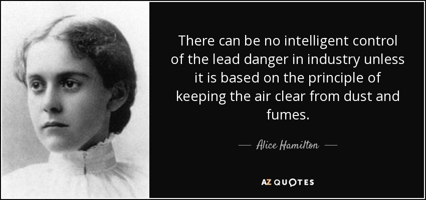 There can be no intelligent control of the lead danger in industry unless it is based on the principle of keeping the air clear from dust and fumes. - Alice Hamilton