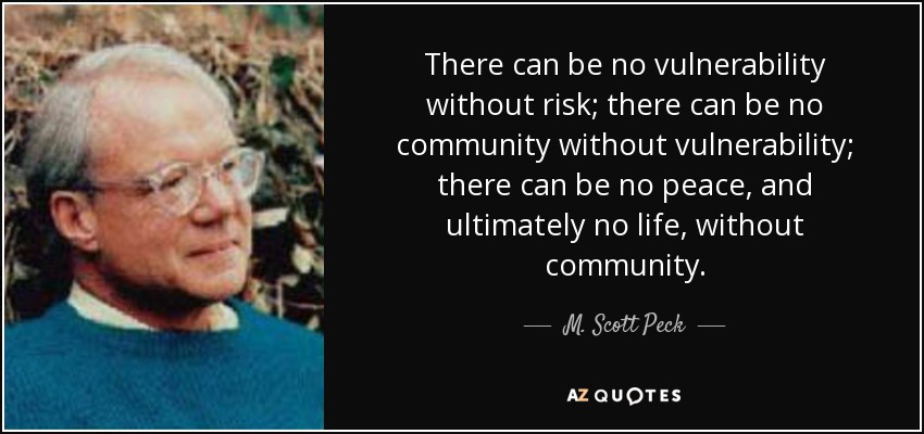 There can be no vulnerability without risk; there can be no community without vulnerability; there can be no peace, and ultimately no life, without community. - M. Scott Peck