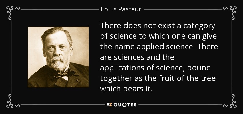 There does not exist a category of science to which one can give the name applied science. There are sciences and the applications of science, bound together as the fruit of the tree which bears it. - Louis Pasteur