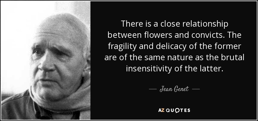 There is a close relationship between flowers and convicts. The fragility and delicacy of the former are of the same nature as the brutal insensitivity of the latter. - Jean Genet