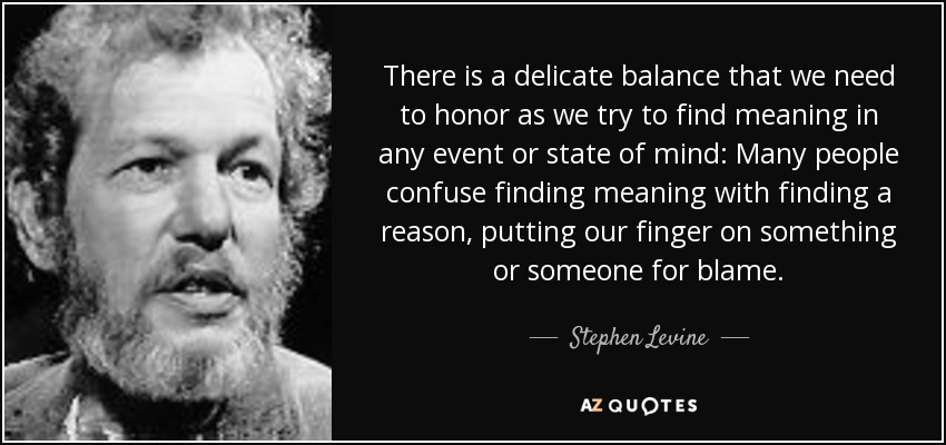There is a delicate balance that we need to honor as we try to find meaning in any event or state of mind: Many people confuse finding meaning with finding a reason, putting our finger on something or someone for blame. - Stephen Levine