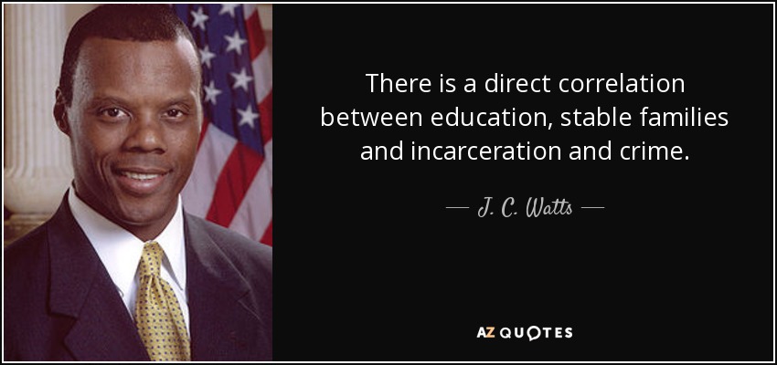 There is a direct correlation between education, stable families and incarceration and crime. - J. C. Watts