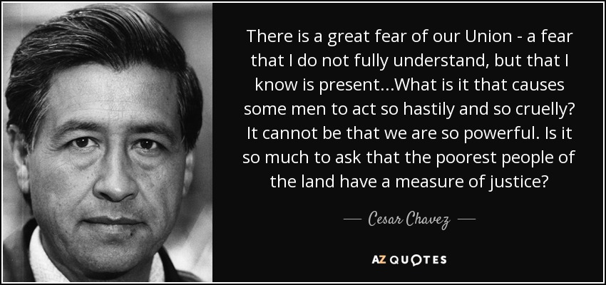 There is a great fear of our Union - a fear that I do not fully understand, but that I know is present...What is it that causes some men to act so hastily and so cruelly? It cannot be that we are so powerful. Is it so much to ask that the poorest people of the land have a measure of justice? - Cesar Chavez