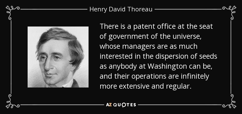 There is a patent office at the seat of government of the universe, whose managers are as much interested in the dispersion of seeds as anybody at Washington can be, and their operations are infinitely more extensive and regular. - Henry David Thoreau
