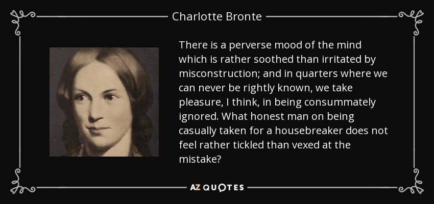 There is a perverse mood of the mind which is rather soothed than irritated by misconstruction; and in quarters where we can never be rightly known, we take pleasure, I think, in being consummately ignored. What honest man on being casually taken for a housebreaker does not feel rather tickled than vexed at the mistake? - Charlotte Bronte