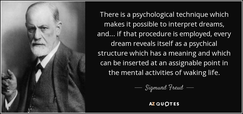 There is a psychological technique which makes it possible to interpret dreams, and ... if that procedure is employed, every dream reveals itself as a psychical structure which has a meaning and which can be inserted at an assignable point in the mental activities of waking life. - Sigmund Freud