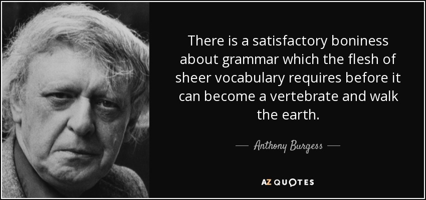 There is a satisfactory boniness about grammar which the flesh of sheer vocabulary requires before it can become a vertebrate and walk the earth. - Anthony Burgess